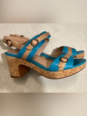Miz Mooz Turquoise Blue & Tan Leather Cork Block Heel Sandals - Size 7/37.5